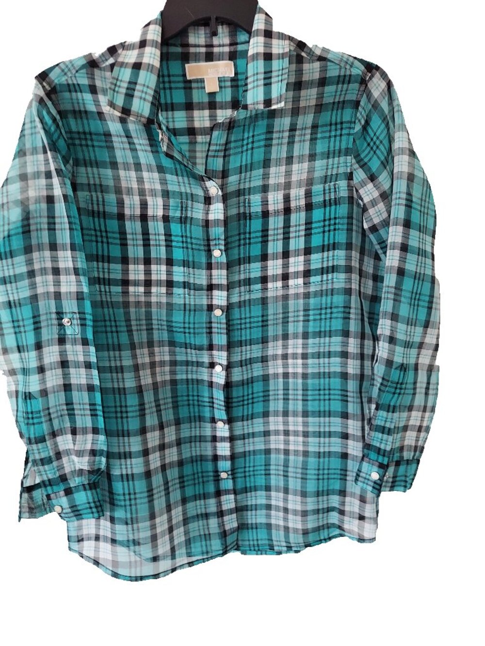 MICHAEL Michael Kors 100% Silk Women's Plaid Snap-Button Sheer Blouse SZ L